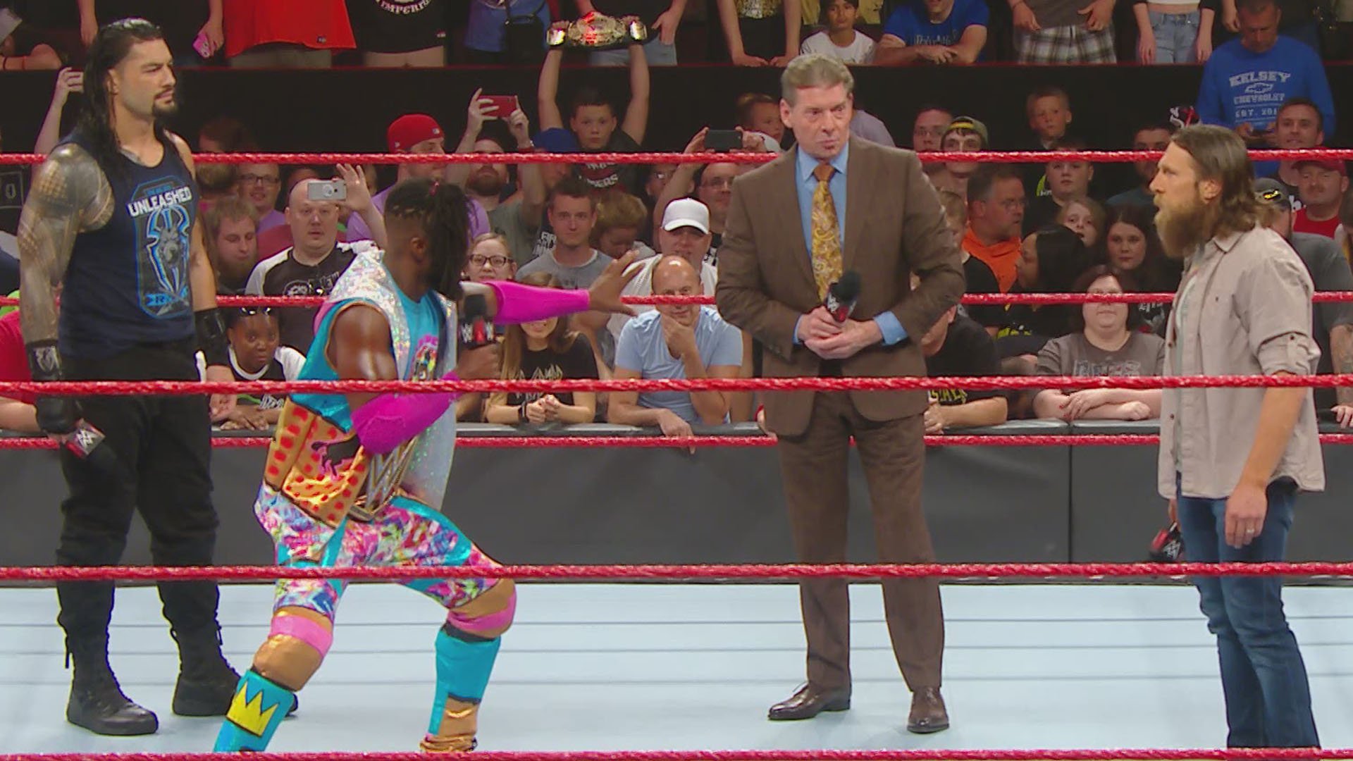 WWE Champion Kofi Kingston, Daniel Bryan and Roman Reigns appeared on Raw; Mr. McMahon instituted a “Wild Card Rule”