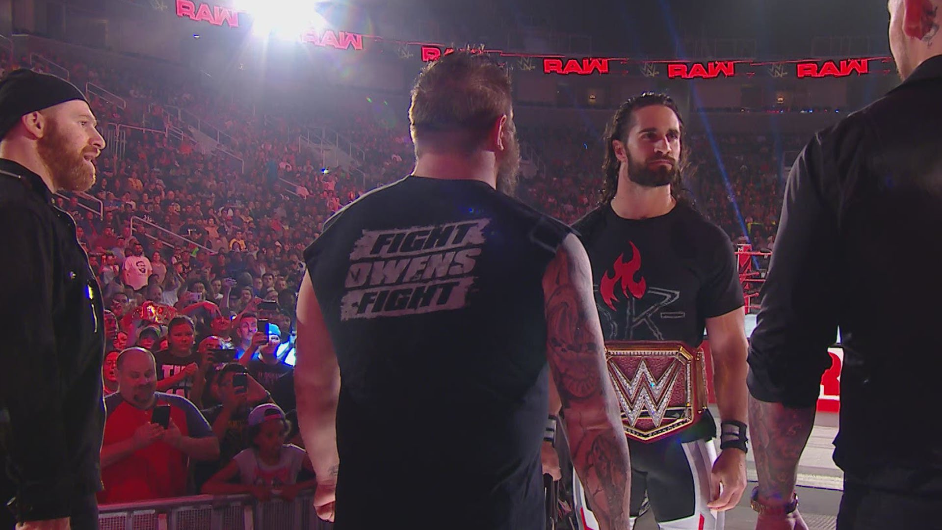 Baron Corbin, Kevin Owens and Sami Zayn confronted Universal Champion Seth Rollins