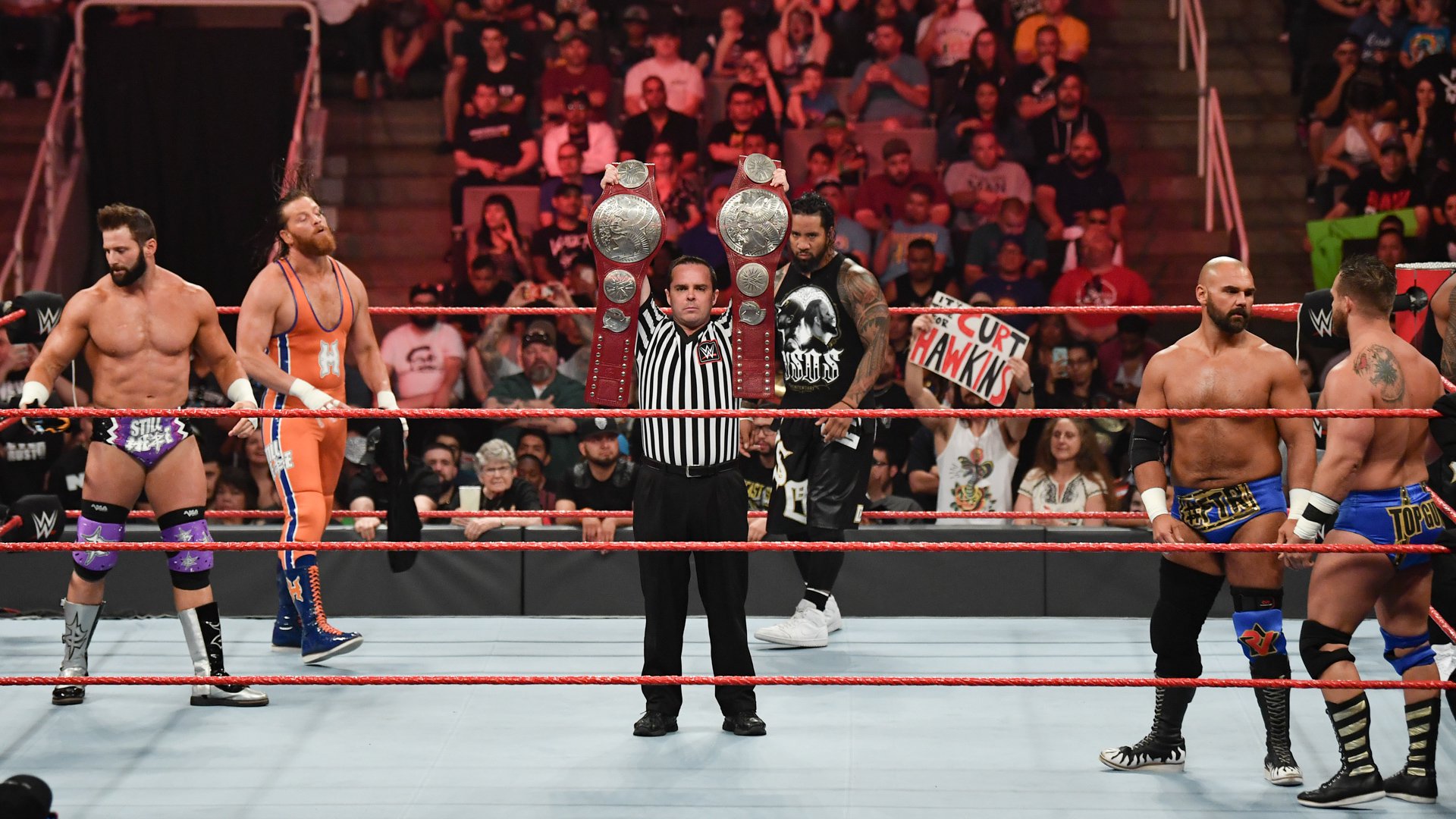 The Revival def. Zack Ryder & Curt Hawkins and The Usos to become the new Raw Tag Team Champions (Triple Threat Match)