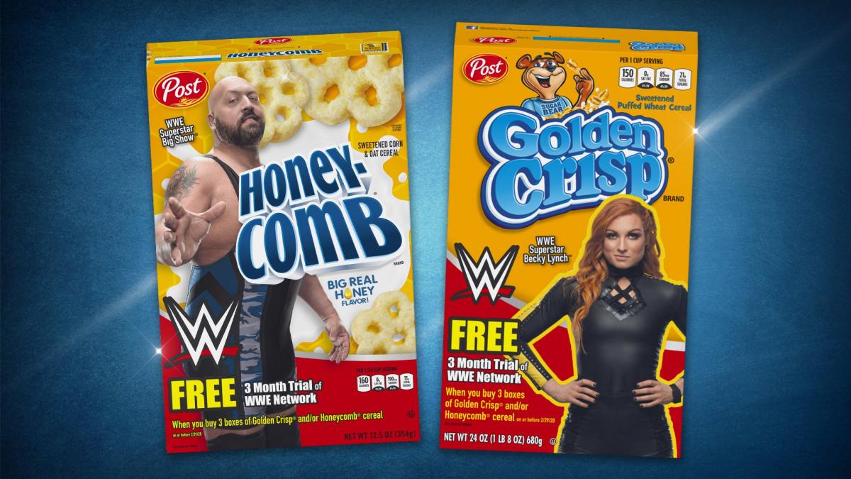 Becky Lynch and Big Show featured on Post cereal boxes