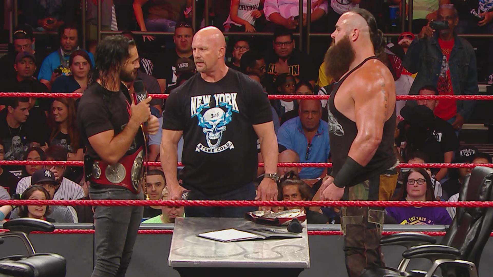 The O.C. confronted Seth Rollins, Braun Strowman and “Stone Cold” Steve Austin during the Universal Championship Match contract signing