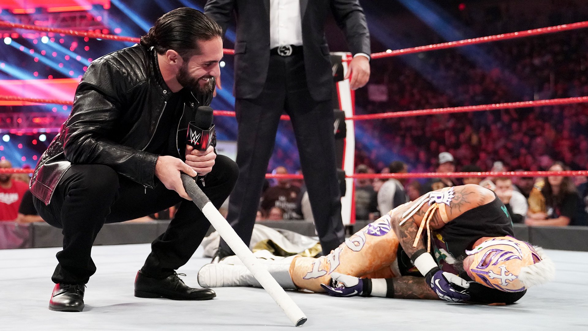 Seth Rollins attacked Rey Mysterio after a Gauntlet Match to determine the next challenger for the United States Championship