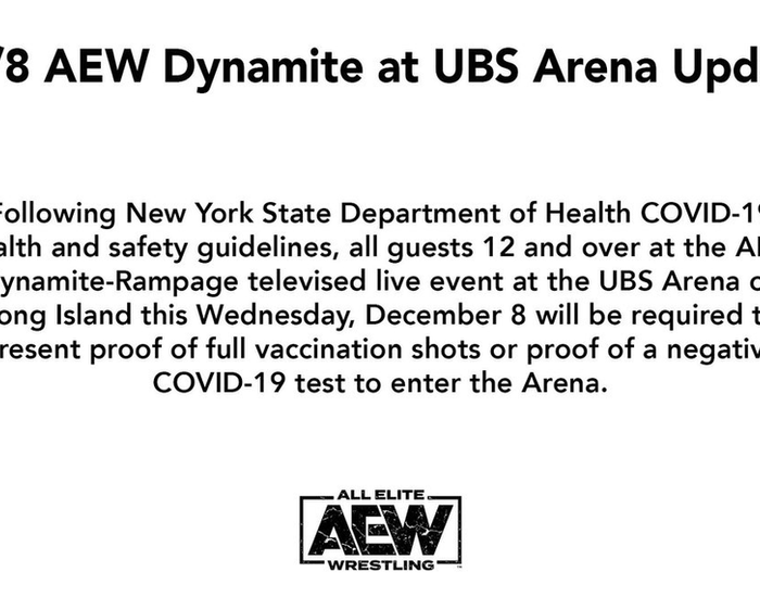 Proof of Vaccination or Negative COVID Test Required to enter AEW Dynamite at UBS Arena Dec. 3