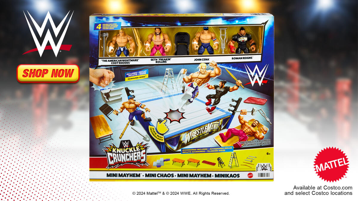 Bring in-ring action home with the WWE Knuckle Crunchers Mini Mayhem Playset