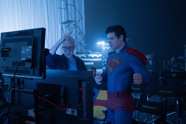 David Corenswet as Superman and James Gunn reviewing footage behind the scenes.