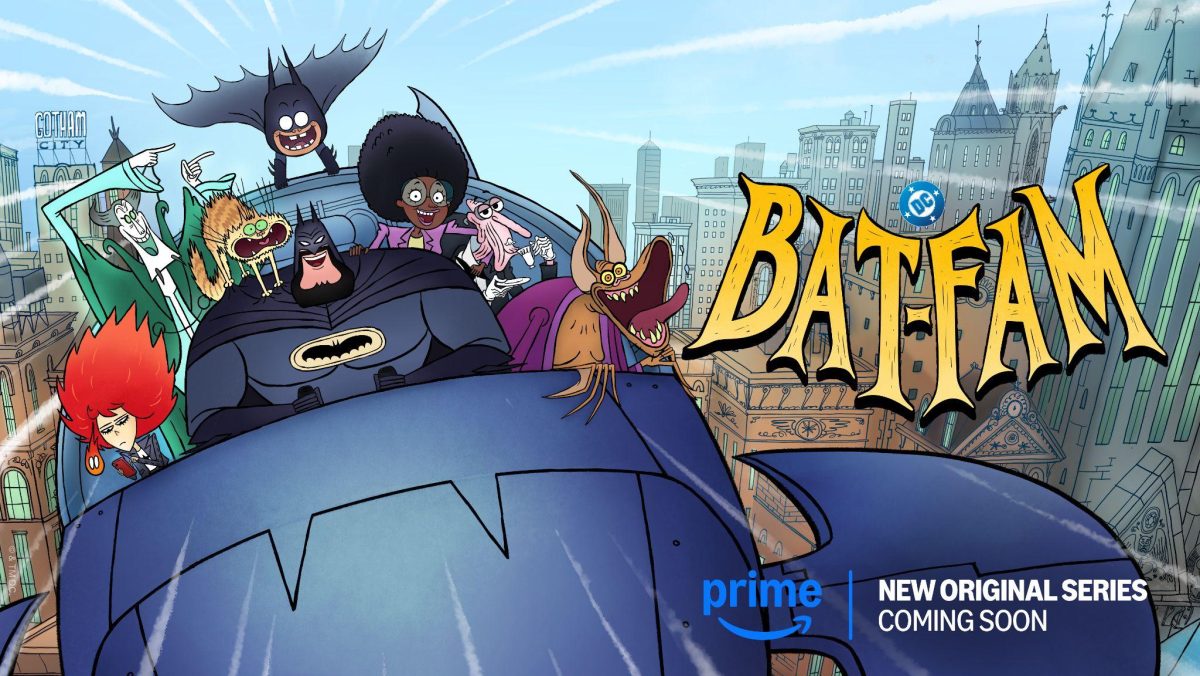 Official BAT-FAM key art featuring Batman, Damian Wayne, Alfred, and the new family members of Wayne Manor.