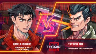 Neon Inferno gameplay showing cyberpunk pixel art action with foreground and background combat