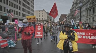 Sharon Farmer in the middle of the People's March.