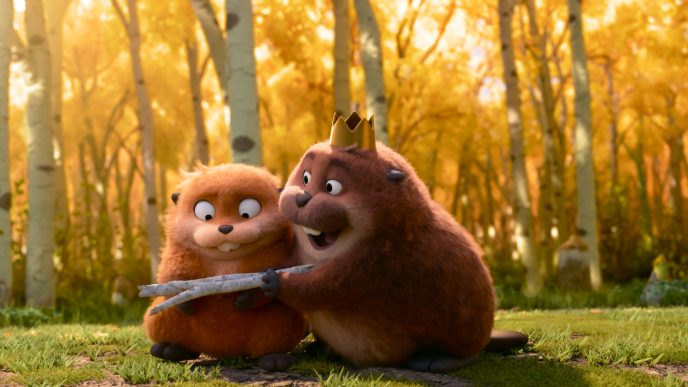 Mabel as a robotic beaver alongside King George in Disney and Pixar’s Hoppers.