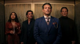 Vince Vaughn playing two versions of his character alongside James Marsden and Eiza González in a stylized action-comedy scene from Mike and Nick and Nick and Alice