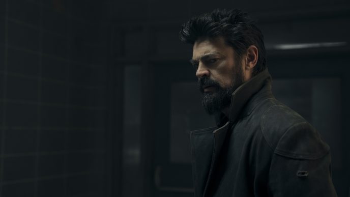 Karl Urban (Billy Butcher) standing in a dark and tense scene in The Boys Season 5 on Prime Video