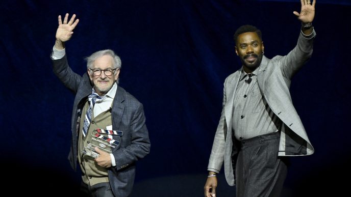 LAS VEGAS, NEVADA - APRIL 15: (L-R) Steven Spielberg and Colman Domingo speak onstage during CinemaCon 2026 - Universal Pictures and Focus Features Invites You to a Special Presentation Featuring Footage from its Upcoming Slate at The Dolby Colosseum at Caesars Palace during CinemaCon, the official convention of Cinema United, on April 15, 2026, in Las Vegas, Nevada. (Photo by David Becker/Getty Images for CinemaCon)
