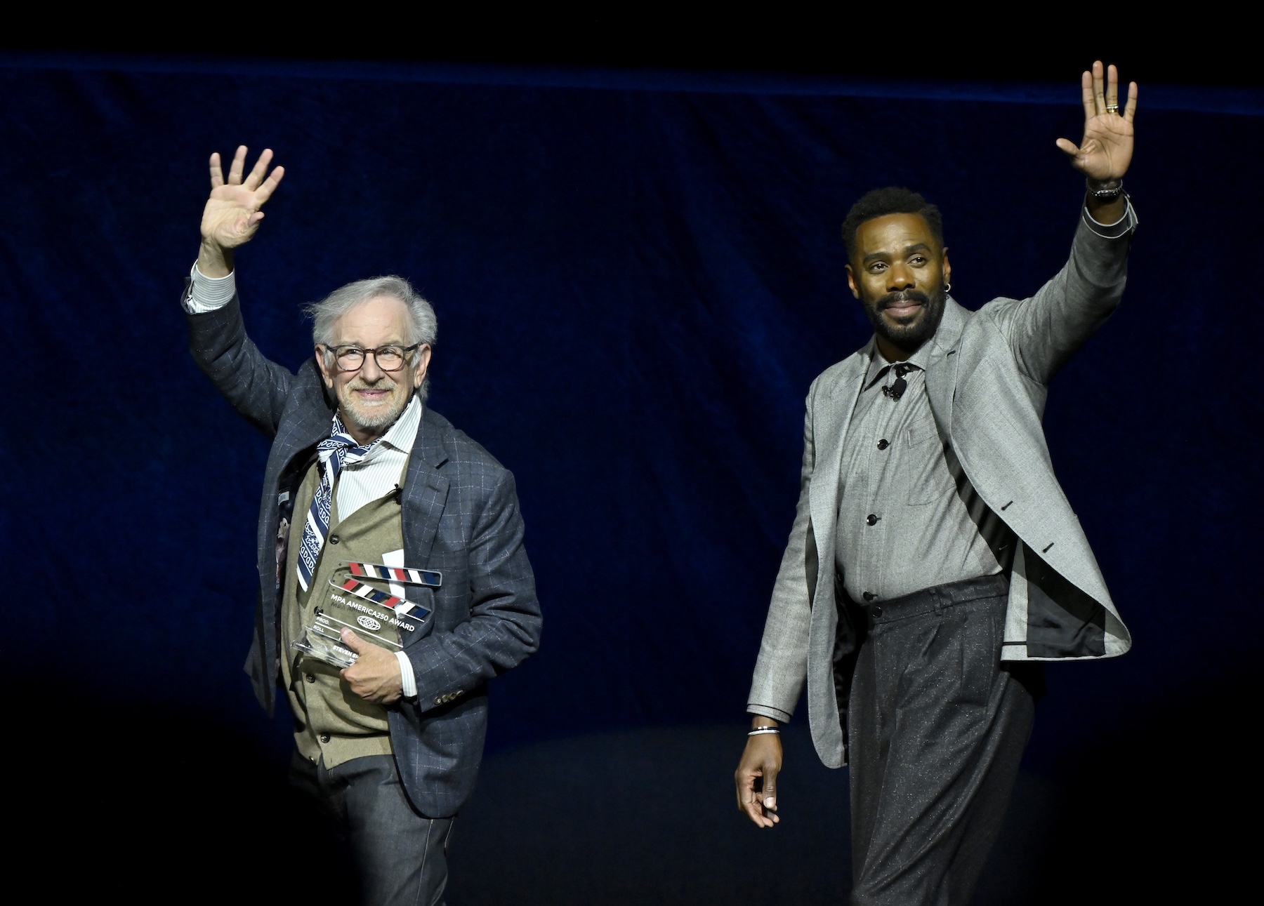 LAS VEGAS, NEVADA - APRIL 15: (L-R) Steven Spielberg and Colman Domingo speak onstage during CinemaCon 2026 - Universal Pictures and Focus Features Invites You to a Special Presentation Featuring Footage from its Upcoming Slate at The Dolby Colosseum at Caesars Palace during CinemaCon, the official convention of Cinema United, on April 15, 2026, in Las Vegas, Nevada. (Photo by David Becker/Getty Images for CinemaCon)