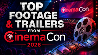 CinemaCon 2026 featured image with bold text reading Top Footage and Trailers, a theater stage, audience crowd, film reel and cinematic lighting effects.