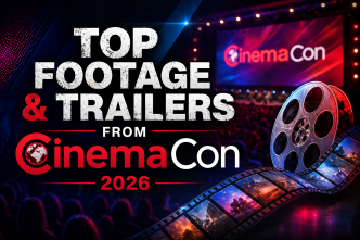 CinemaCon 2026 featured image with bold text reading Top Footage and Trailers, a theater stage, audience crowd, film reel and cinematic lighting effects.