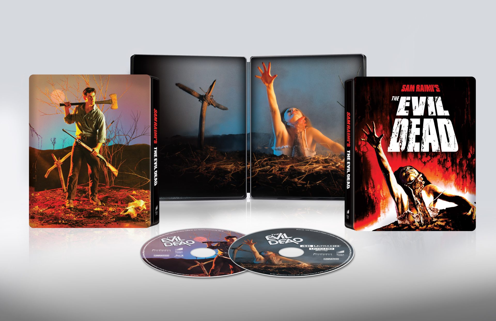 The Evil Dead 45th anniversary 4K UHD release cover featuring cabin horror scene