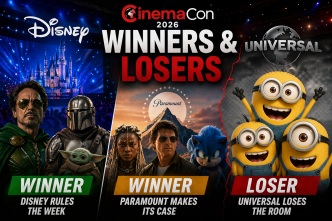 CinemaCon 2026 collage featuring Disney Paramount Marvel and major studio presentations