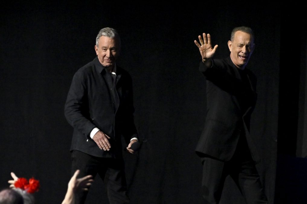 LAS VEGAS, NEVADA - APRIL 16: (L-R) Tim Allen and Tom Hanks speak during CinemaCon 2026 - Walt Disney Studios Invites you to its 2026 presentation highlighting its upcoming release schedule at The Dolby Colosseum at Caesars Palace during CinemaCon, the official convention of Cinema United, on April 16, 2026, in Las Vegas, Nevada. (Photo by David Becker/Getty Images for CinemaCon)
