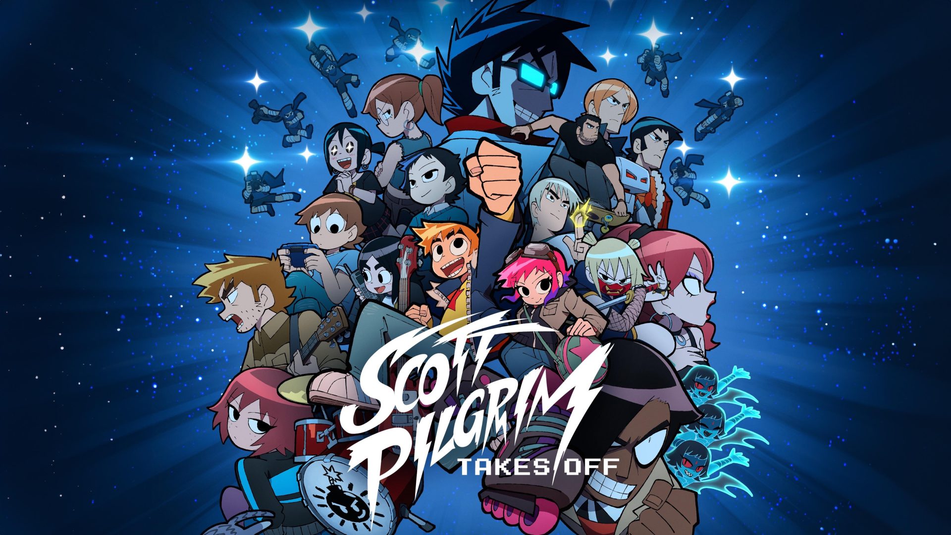 Scott Pilgrim Takes Off Blu-ray cover featuring the animated cast in action
