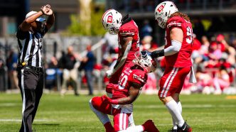 DC Defenders player celebrates touchdown during dominant 45–7 win over Houston Gamblers at Audi Field