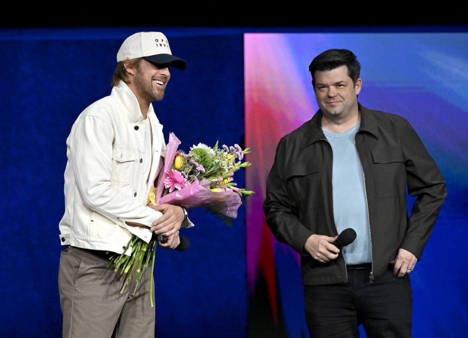 LAS VEGAS, NEVADA - APRIL 15: (L-R) Ryan Gosling and Chris Miller speak during CinemaCon 2026 – Amazon MGM Studios Invites you to an Exclusive Presentation of its Upcoming Slate at The Dolby Colosseum at Caesars Palace during CinemaCon, the official convention of Cinema United, on April 15, 2026, in Las Vegas, Nevada. (Photo by David Becker/Getty Images for CinemaCon)