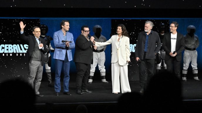 LAS VEGAS, NEVADA - APRIL 15: (L-R) Rick Moranis, Lewis Pullman, Josh Gad, Daphne Zuniga, Bill Pullman and Josh Greenbaum speak during CinemaCon 2026 – Amazon MGM Studios Invites you to an Exclusive Presentation of its Upcoming Slate at The Dolby Colosseum at Caesars Palace during CinemaCon, the official convention of Cinema United, on April 15, 2026, in Las Vegas, Nevada. (Photo by David Becker/Getty Images for CinemaCon)
