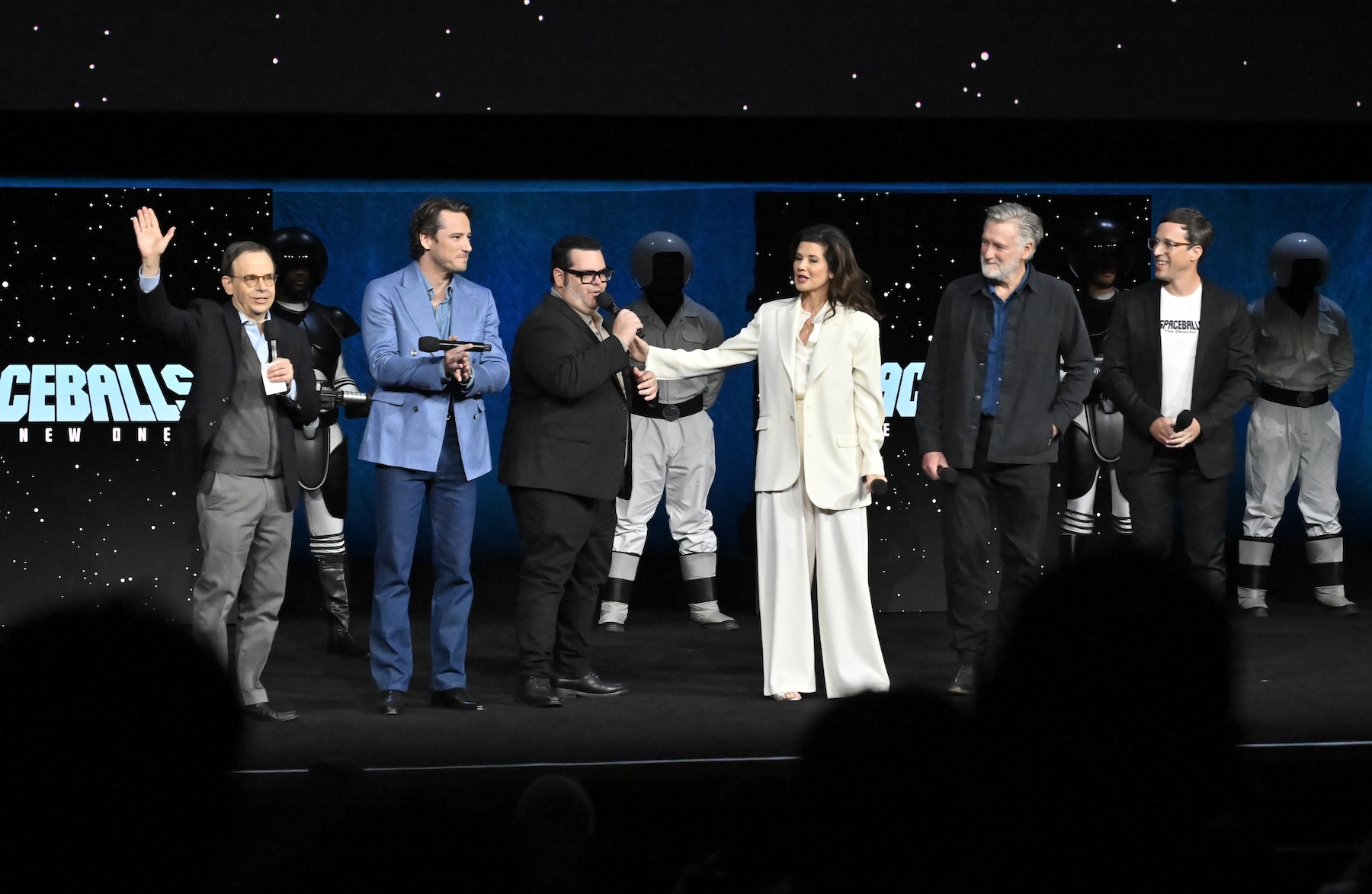 LAS VEGAS, NEVADA - APRIL 15: (L-R) Rick Moranis, Lewis Pullman, Josh Gad, Daphne Zuniga, Bill Pullman and Josh Greenbaum speak during CinemaCon 2026 – Amazon MGM Studios Invites you to an Exclusive Presentation of its Upcoming Slate at The Dolby Colosseum at Caesars Palace during CinemaCon, the official convention of Cinema United, on April 15, 2026, in Las Vegas, Nevada. (Photo by David Becker/Getty Images for CinemaCon)