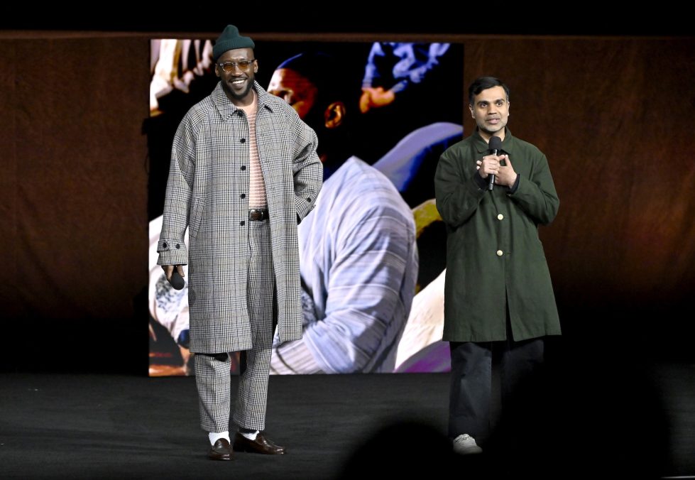 LAS VEGAS, NEVADA - APRIL 15: (L-R) Mahershala Ali and Bassam Tariq speak during CinemaCon 2026 – Amazon MGM Studios Invites you to an Exclusive Presentation of its Upcoming Slate at The Dolby Colosseum at Caesars Palace during CinemaCon, the official convention of Cinema United, on April 15, 2026, in Las Vegas, Nevada. (Photo by David Becker/Getty Images for CinemaCon)