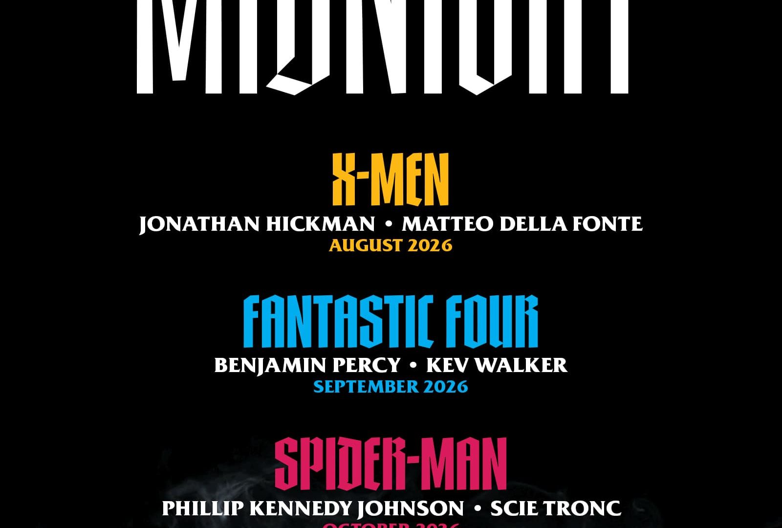 Marvel Comics Midnight Universe lineup featuring Midnight X-Men, Midnight Fantastic Four, and Midnight Spider-Man