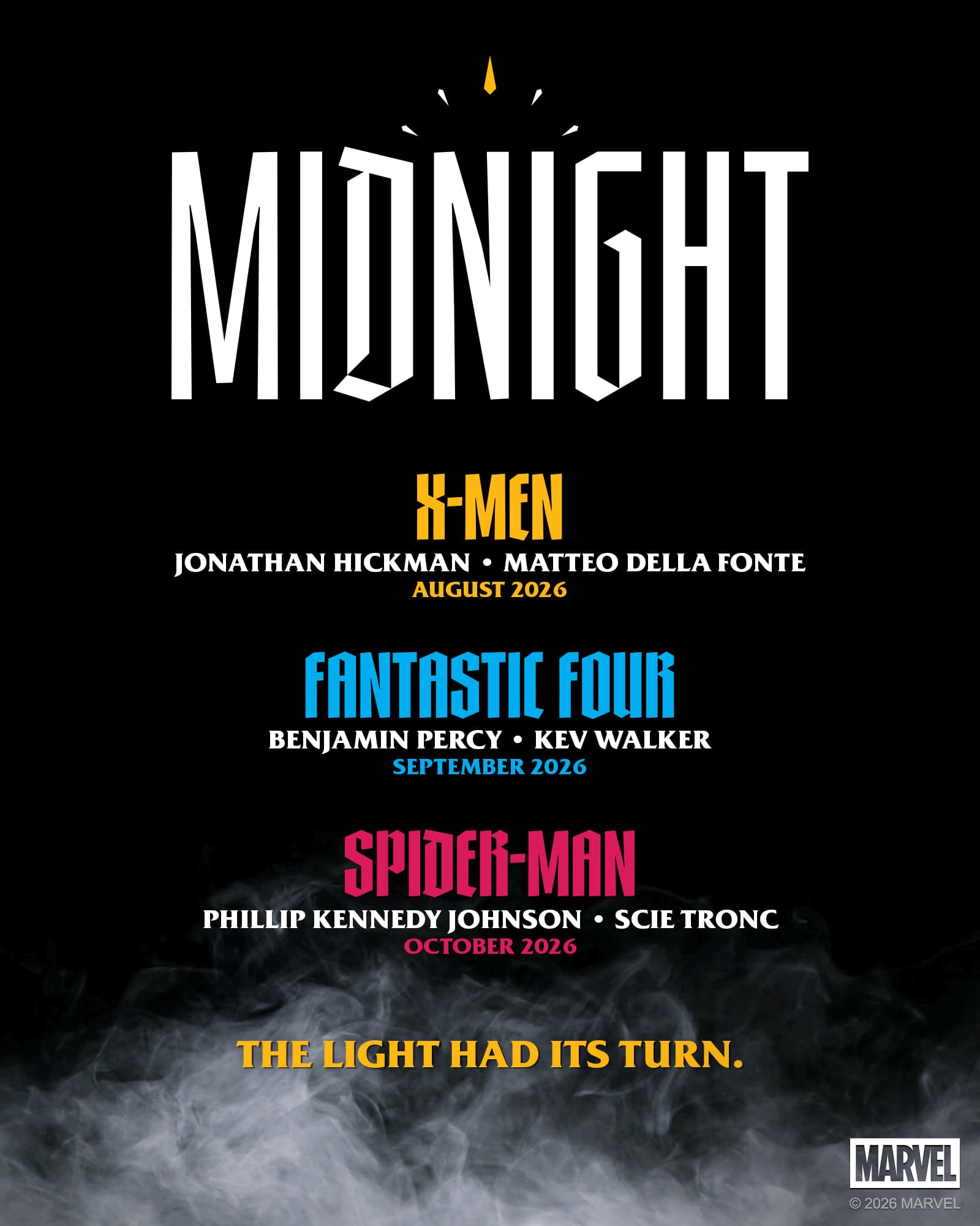 Marvel Comics Midnight Universe lineup featuring Midnight X-Men, Midnight Fantastic Four, and Midnight Spider-Man