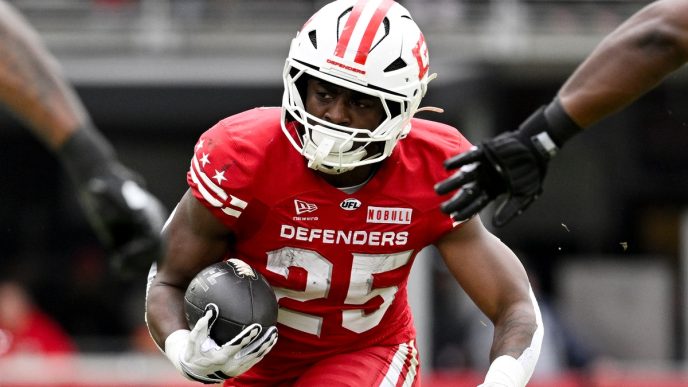 RB Deon Jackson of the DC Defenders face the Louisville Kings during a Week 7 UFL matchup at Audi Field