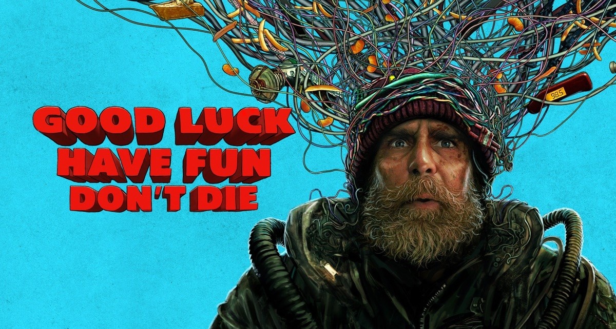 Good Luck Have Fun Don’t Die 4K UHD cover featuring Sam Rockwell and the neon sci-fi aesthetic