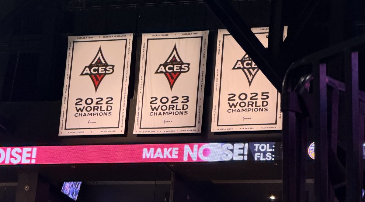 Las Vegas Aces championship banners at Michelob ULTRA Arena on May 23, 2026.