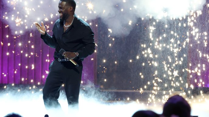 Kevin Hart reacts during Netflix’s The Roast of Kevin Hart live comedy special alongside celebrity guests at Netflix Is A Joke Fest 2026