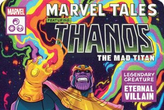 Magic: The Gathering Marvel Super Heroes cards featuring Marvel characters including Iron Man, Black Panther, Loki, and The Mind Stone.