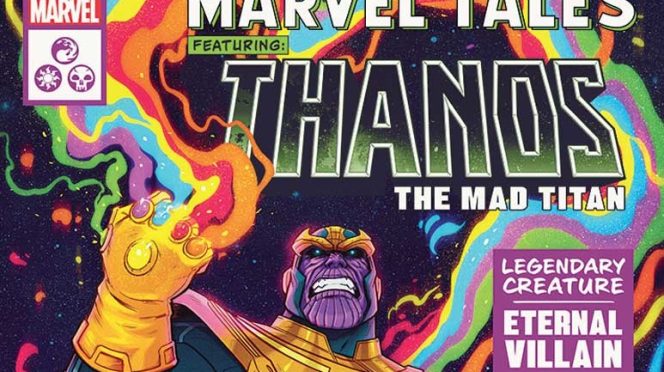 Magic: The Gathering Marvel Super Heroes cards featuring Marvel characters including Iron Man, Black Panther, Loki, and The Mind Stone.