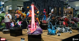 Sideshow booth at San Diego Comic-Con 2026 featuring Hot Toys and Marvel Avengers Doomsday collectibles.
