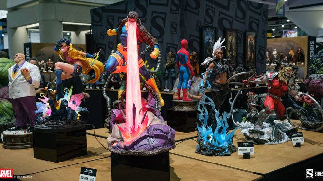 Sideshow booth at San Diego Comic-Con 2026 featuring Hot Toys and Marvel Avengers Doomsday collectibles.