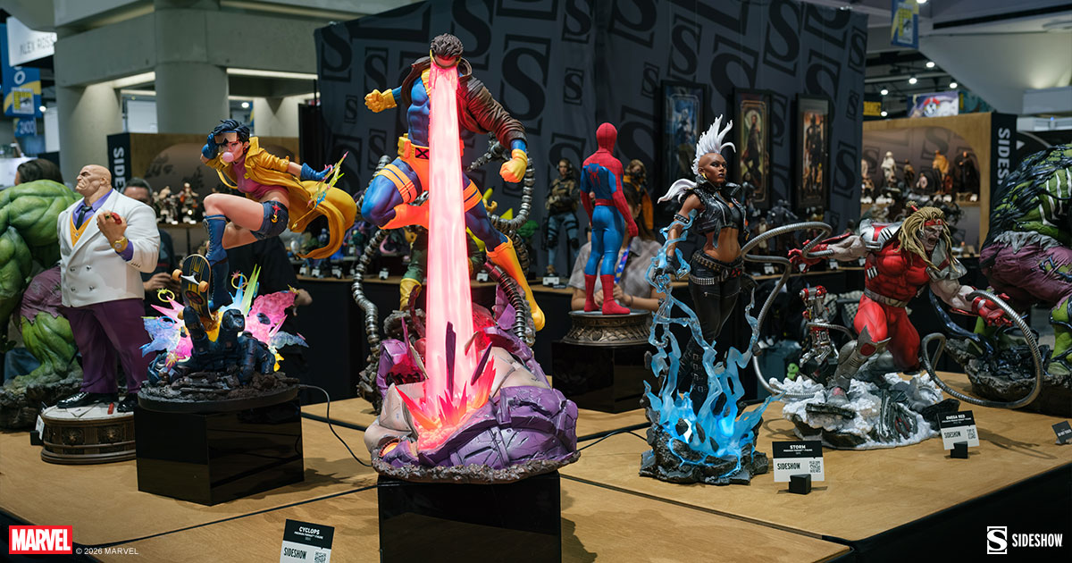 Sideshow booth at San Diego Comic-Con 2026 featuring Hot Toys and Marvel Avengers Doomsday collectibles.