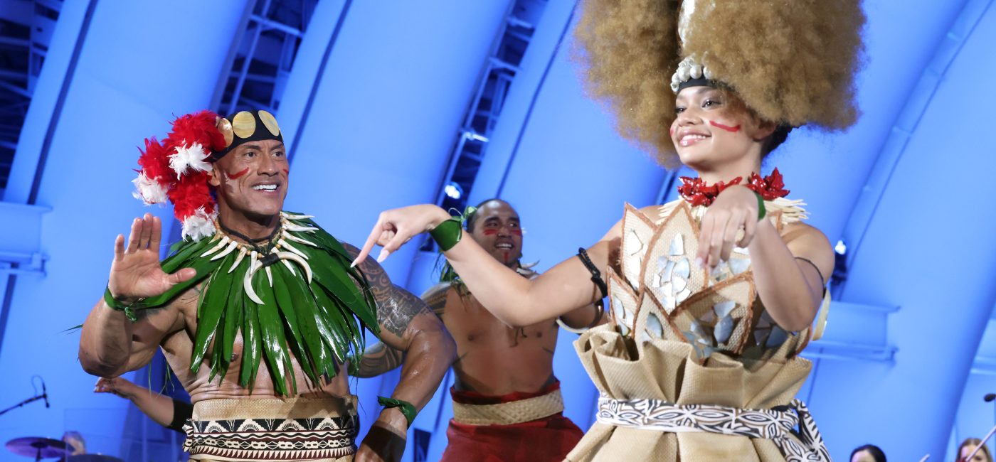 Dwayne Johnson and Catherine Lagaʻaia attend Disney’s Moana world premiere at the Hollywood Bowl in Los Angeles.
