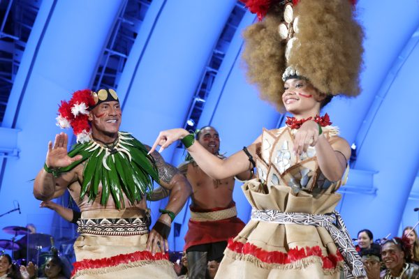 Dwayne Johnson and Catherine Lagaʻaia attend Disney’s Moana world premiere at the Hollywood Bowl in Los Angeles.