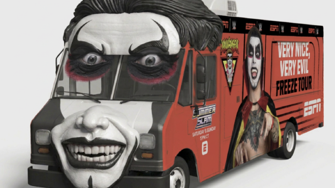 Danhausen-themed Very Nice, Very Evil SummerSlam Freeze Tour popsicle truck from ESPN and WWE in Minneapolis.