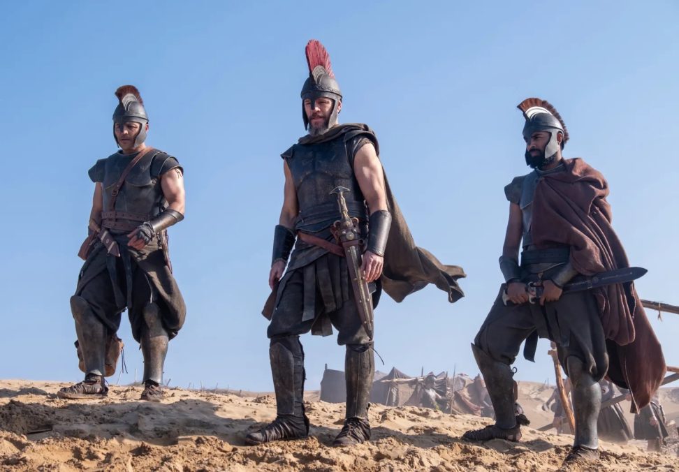 Jimmy Gonzales as Cepheus, Matt Damon as Odysseus and Himesh Patel as Eurylochus in The Odyssey. Melinda Sue Gordon/Universal Pictures