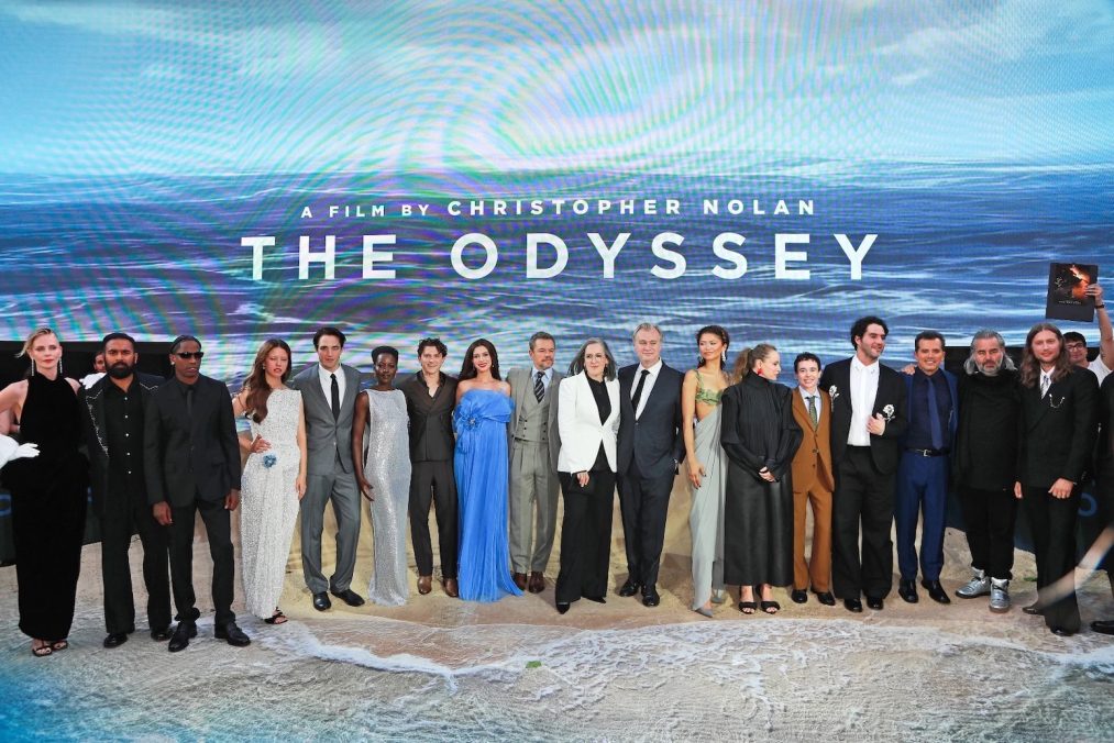 The Odyssey cast: Charlize Theron, Himesh Patel, Travis Scott, Mia Goth, Robert Pattinson, Lupita Nyong'o, Tom Holland, Anne Hathaway, Matt Damon, Chairperson of Universal Pictures Donna Langley, Emma Thomas, Christopher Nolan, Brian L. Roberts, Zendaya, Samantha Morton, Elliot Page, Benny Safdie, guest, John Legui via Tatler Asia