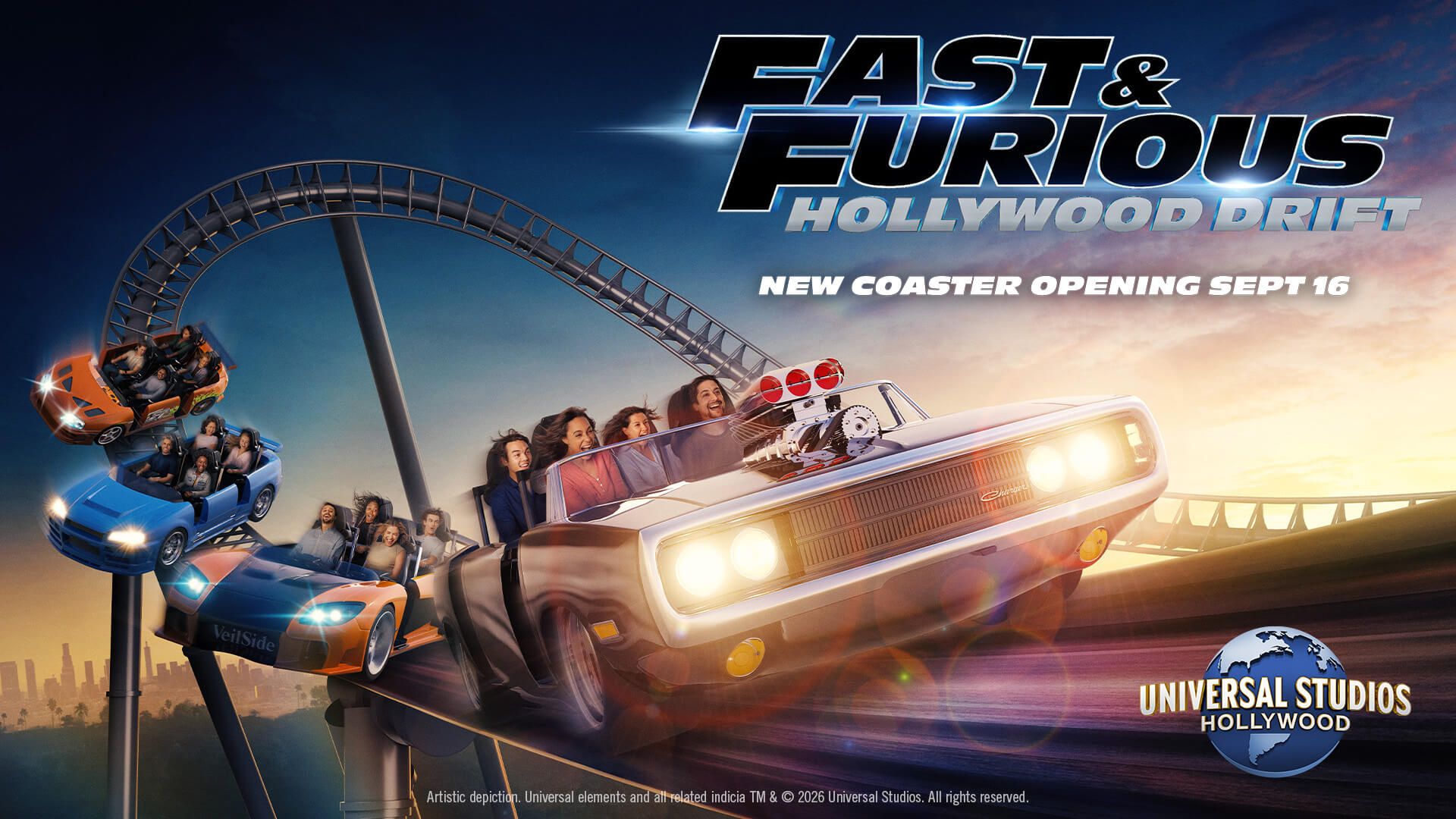 Fast & Furious: Hollywood Drift roller coaster at Universal Studios Hollywood featuring high-speed launches and Fast Saga-inspired ride vehicles.