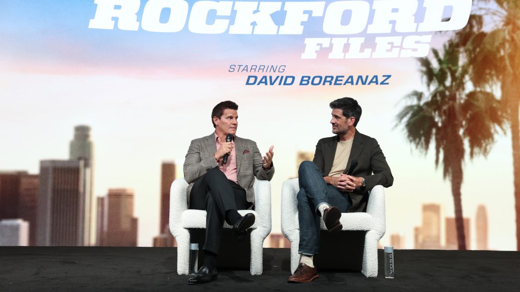 avid Boreanaz and executive producer Mike Daniels discuss NBC's The Rockford Files reboot during NBCUniversal Backlot Pass 2026.